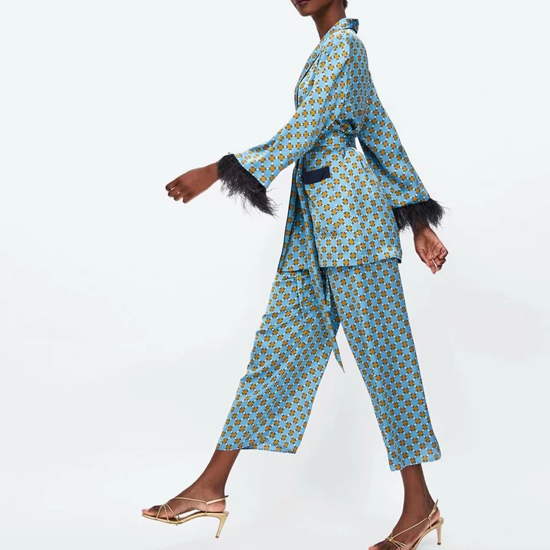 Women's Suits 2022 Autumn Loose Pajamas Set Kimono Jacket with Feather Sleeves Wide Leg Pants Two-piece Viintage Clothing Suits
