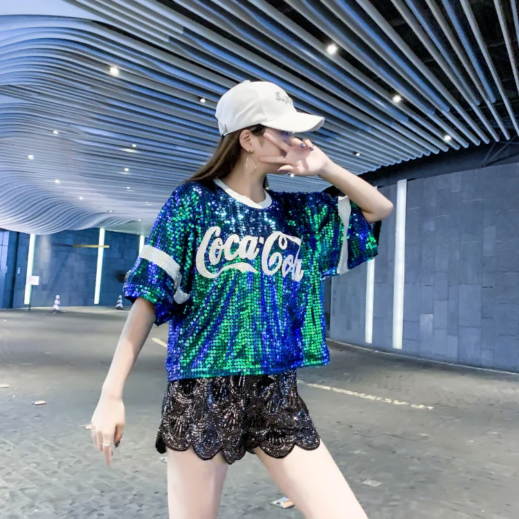 Sequined Hip Hop Streetwear T-Shirt Women Loose New Stitching Short Sleeved Female Letter Print Night Club T-Shirt