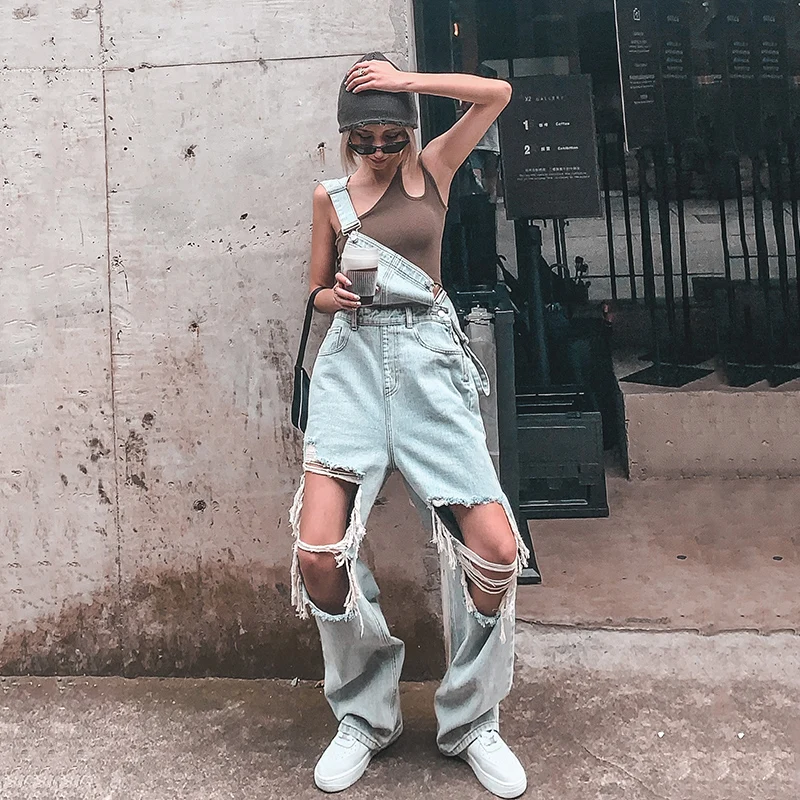 Casual Wide Leg Denim Overalls Rompers Women Straight Ripped Hole Mom Jeans Jumpsuit High Waist Loose Big Size Straps Baggy Pant