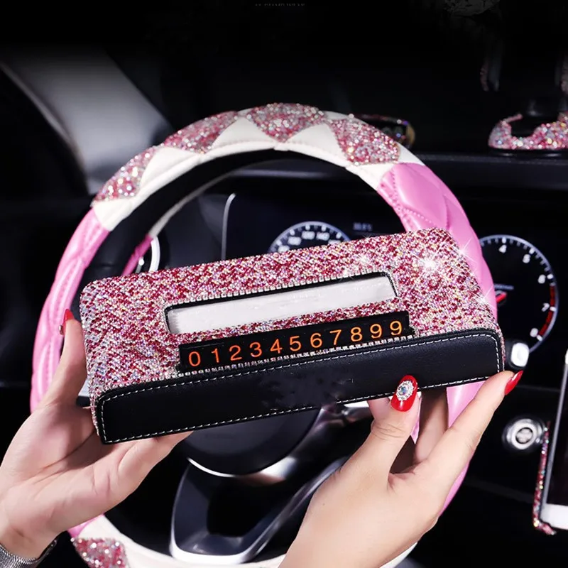 High End Fashion Women Car Diamond Storage Box Rear view Mirror Pendant Steering Wheel Cover Car Interior Decorations