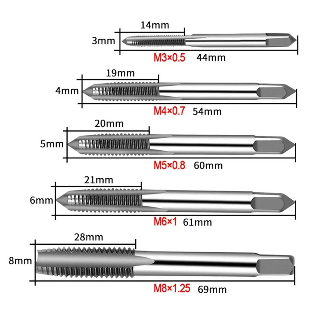 5PCS Metric Tap Set Of Taps Drill Bits Hand Tool Sets M3-M8 Machine Spiral Point Screw Thread Taps And Dies Set Metal Wood