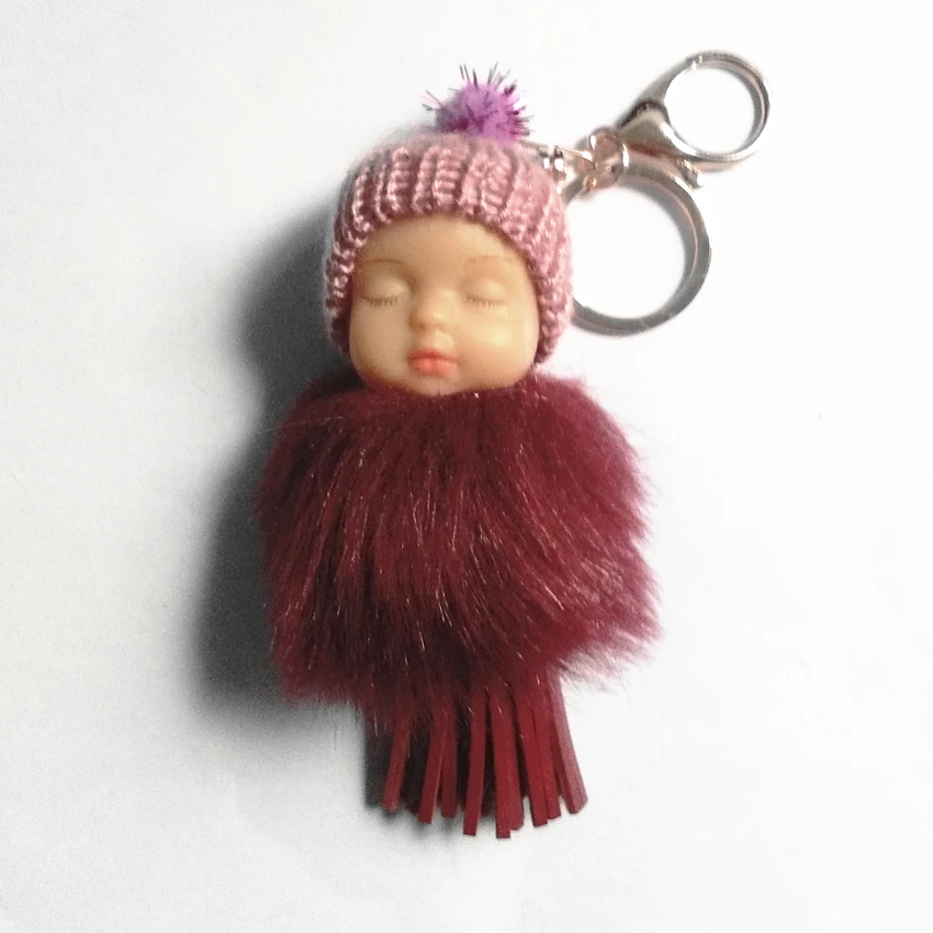 New Leather Sleeping Baby pompon Key Chain Cartoon Baby Keyring Fake Fur Tassel Handmade Crafts Party Gifts