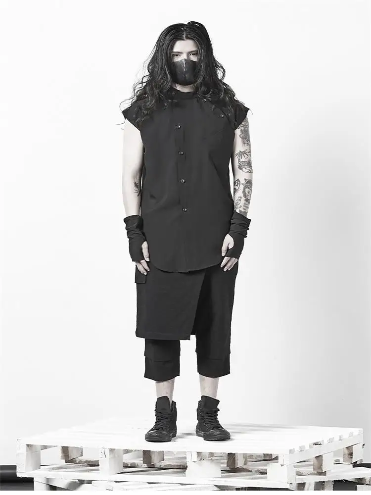 Men's Sleeveless Shirt Summer New Korean Slim Night Club Fashion Trend Hair Stylist Style Stand Collar Leisure Large Shirt