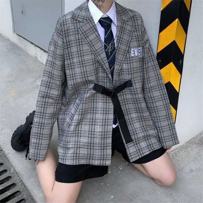 2021 New Spring Women Suit Coat Plaid Oversize Loose Vintage Letter Embroidery Fashion casual female suit coat