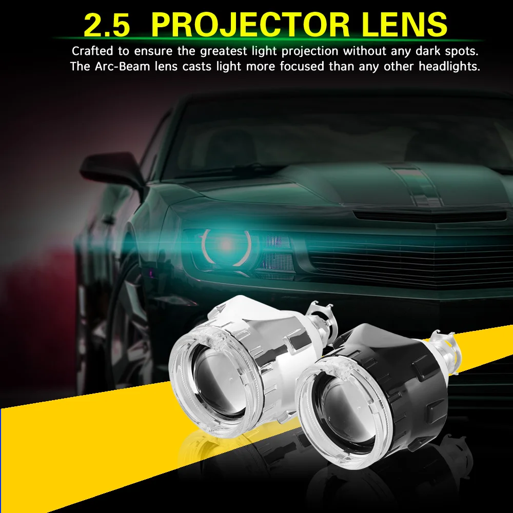 AILEO 2x 2.5 inch Led Angel eyes Bi-xenon Projector lens Driving Light DRL H4 H7 H11 Car Retrofit Styling Use H1 light Universal