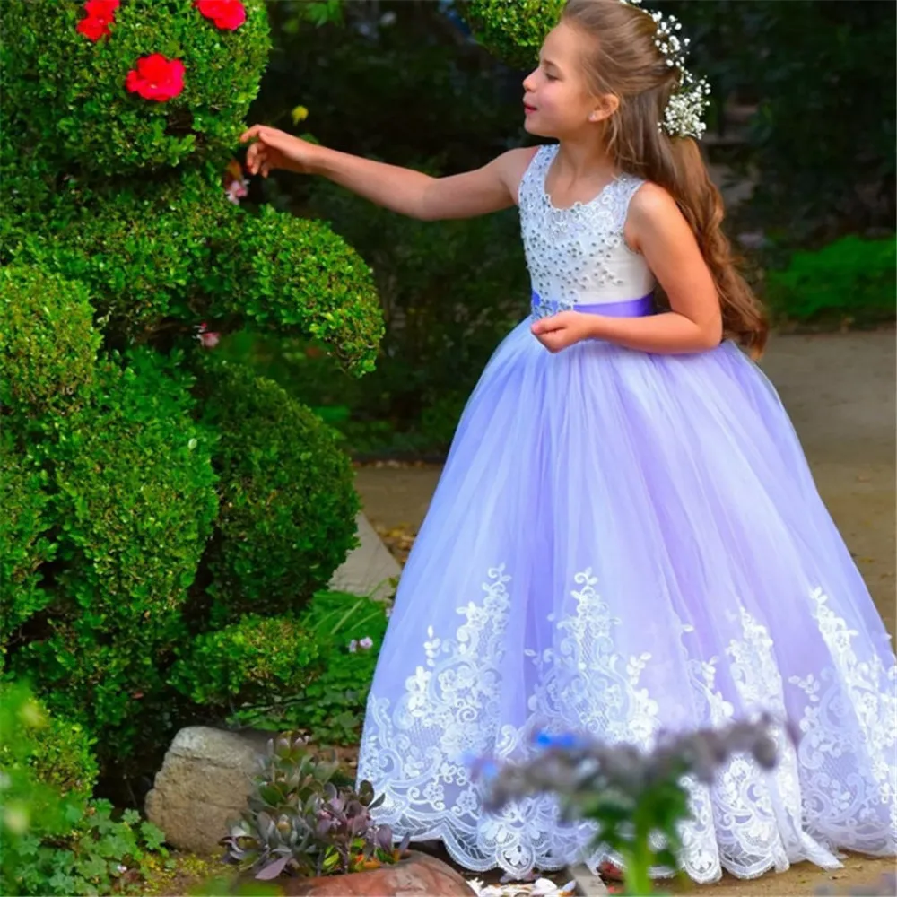 Vestidos da menina de flor renda appliqué frisado cinto casamento tule fofo menina aniversário princesa sem mangas meninas vestidos de festa