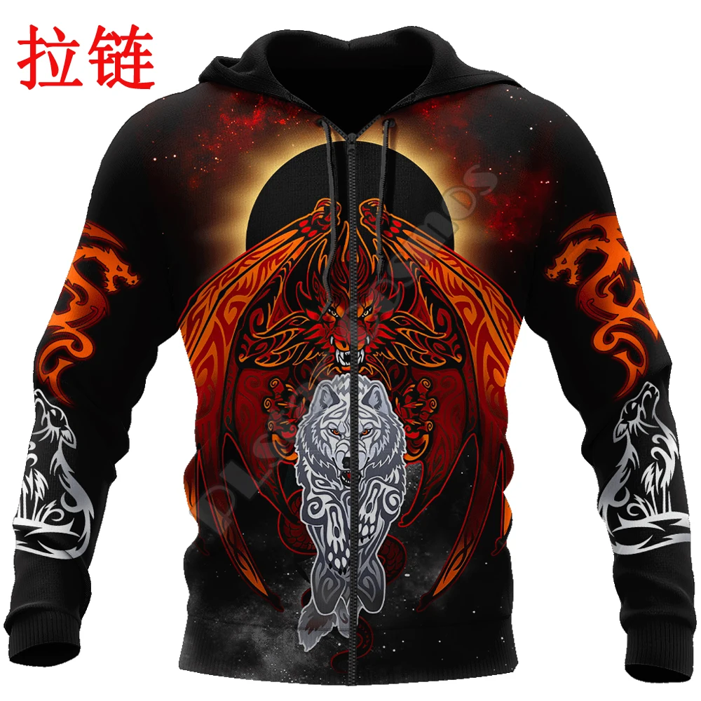 Dragon And Wolf 3D All Over Printed Fashion Mens Autumn Hoodies Sweatshirt Unisex Streetwear Casual Zip Jacket Pullover KJ498