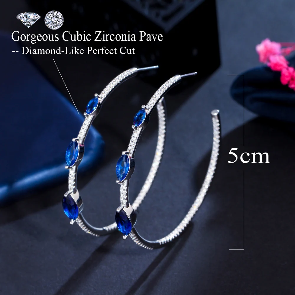 CWWZircons Trendy C Shape Silver Plated Shiny Cubic Zircon Royal Blue Crystal Big Round Thin Hoop Earrings for Women CZ083