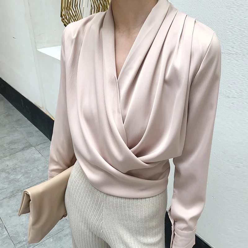 Elegancka satynowa bluzka damska Seksowne bluzki biurowe z dekoltem w szpic Koszule Casual Solidny długi rękaw Wiosna Lato Kobiece topy imprezowe 2XL
