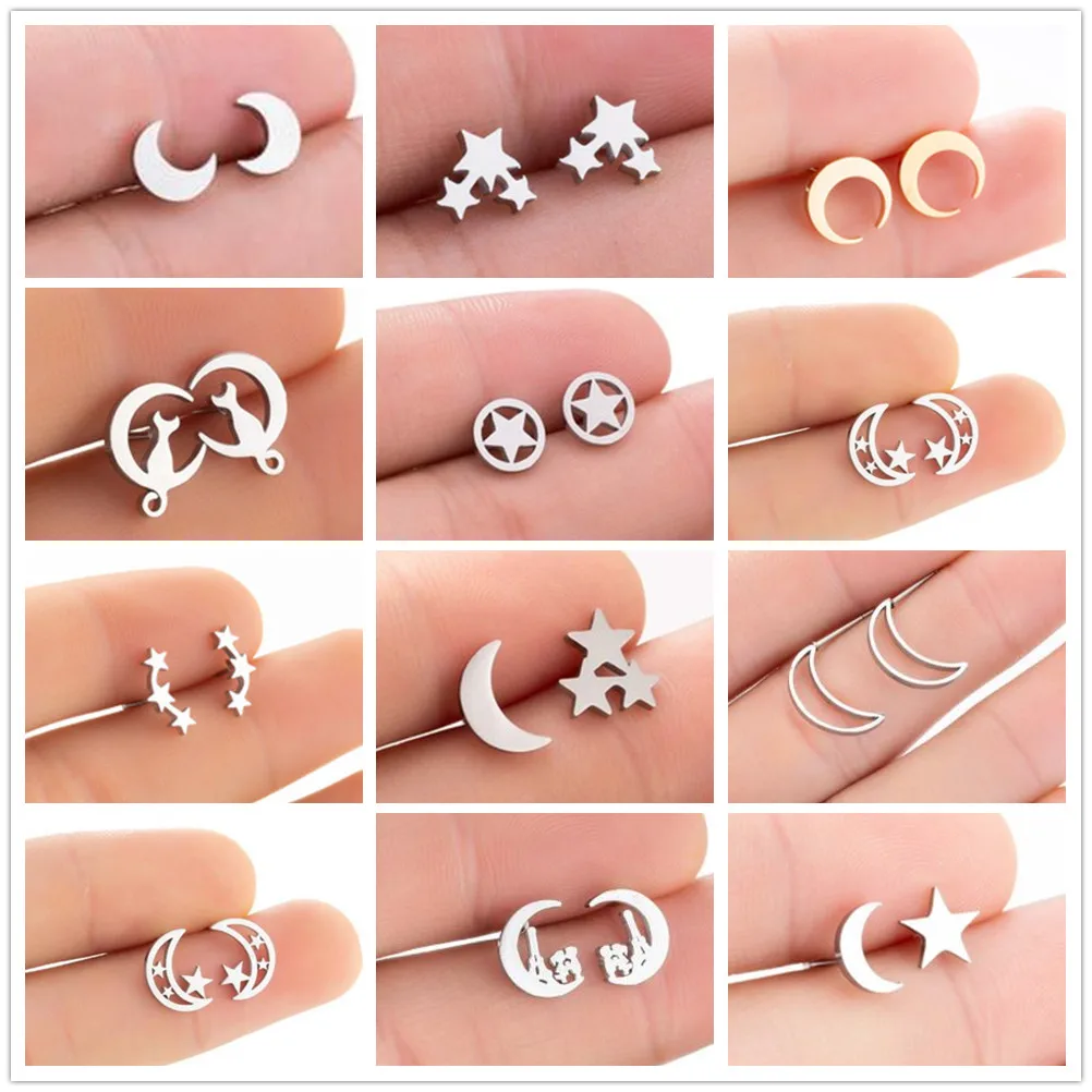 Trendy Stainless Steel Moon Earrings For Women Cute Crescent Ear Studs Stud Earing Penagram Jewelry Gift Orecchini a lobo