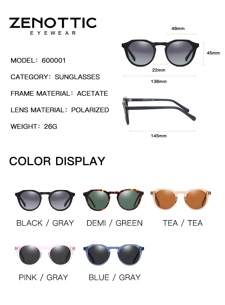 ZENOTTIC Mode Acetat Runde Polarisierte Sonnenbrille Vintage Schatten UV400 Neue Männer/Frauen Retro Damen Sonnenbrille 600001 S – Detail 9