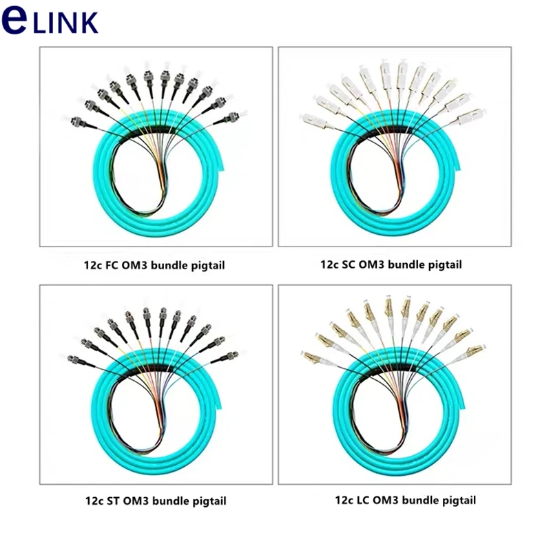 12 colored OM3-Fiber Optic Bundle, Pigtail, Aqua Cable, Pigtail, 50 um, 125um, SC, LC, ST, FC, 1MTR, 0.9mm, FTTHELINK