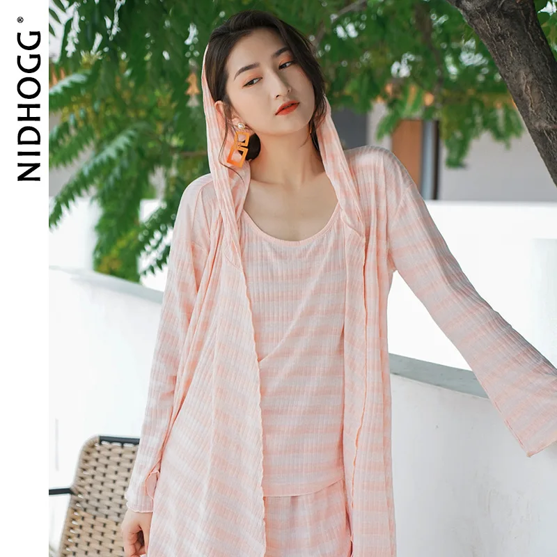 Spring Sling Shorts Nightgown Womens 3-piece Sets Striped Long Sleeve Hooded Sleepwear Lounge Wear Sexy Nightwear Luxury Pajamas