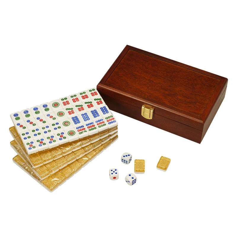 

Top Grade Mini Portable Travel 20MM Golden Mahjong Carry Wooden Box Melamine Mah-jong Leather Table Majiang Board Chess Set Game