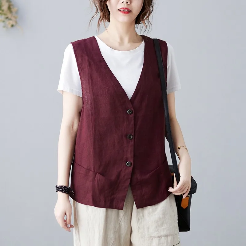 Women Cotton Linen Casual Vests Jackets New Arrival 2021 Summer Vintage Style V-neck Solid Color Loose Female Vest Coats B267