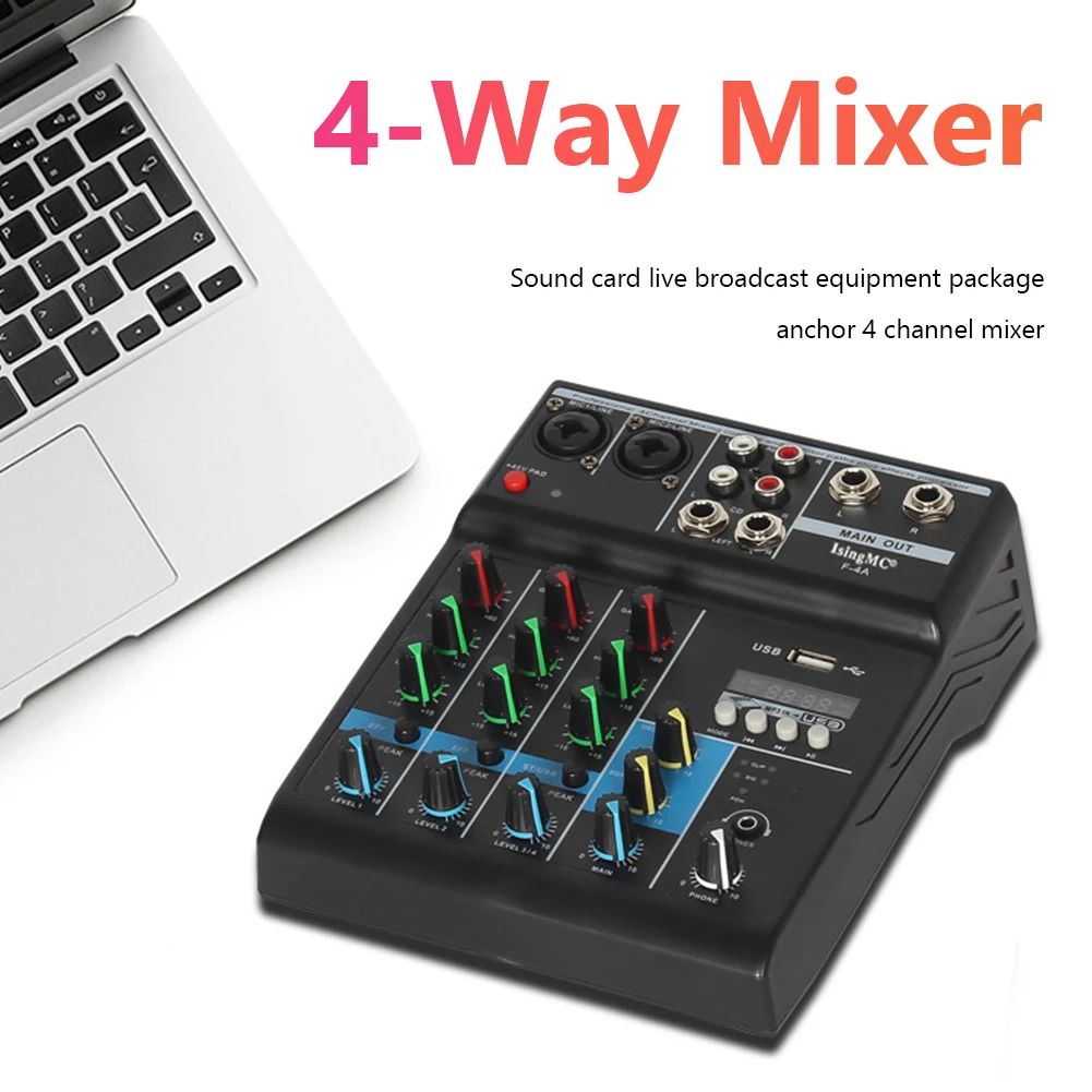 4 Channels Audio Sound Mixer Bluetooth-compatible USB Sound Card Mixing Console Input Phantom Monitor for Home Karaoke KTV