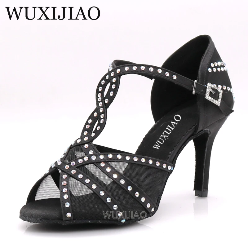 WUXIJIAOLatin dance shoes women's dinner dance shoes bronze skin black satin mesh shiny rhinestones salsa shoes high heels 9 cm