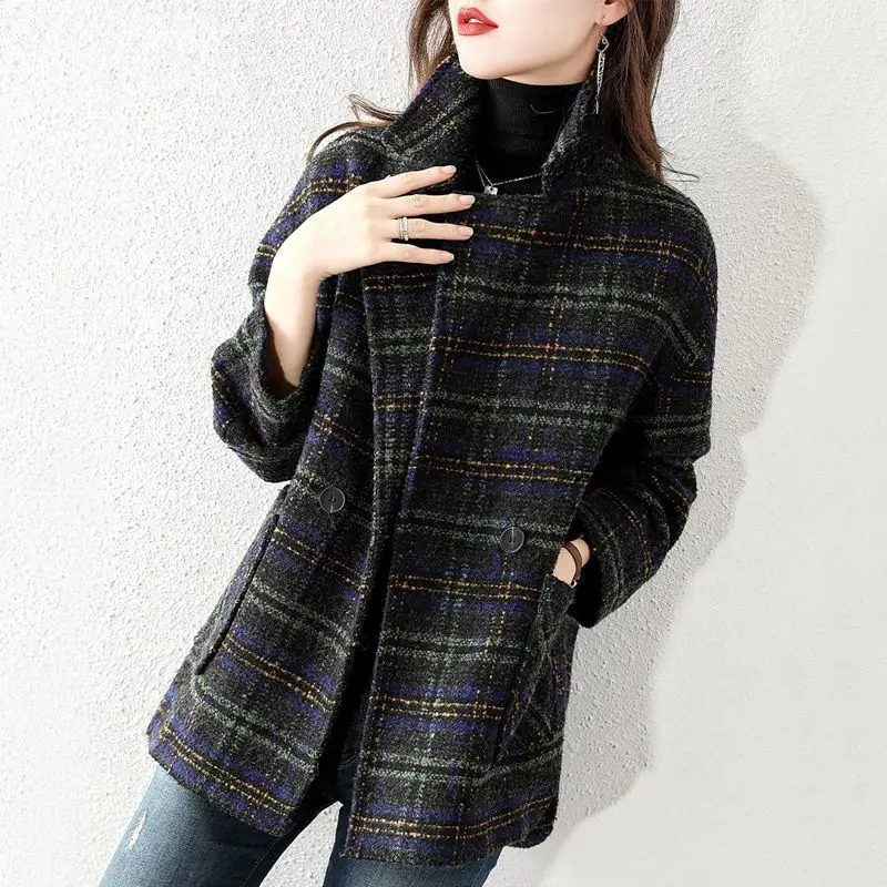 Autumn and Winter Women's Double-breasted Wool Blend Coat Elegant Lapel Mid-length Thick Warm Jacket Women's Clothing   JK1457