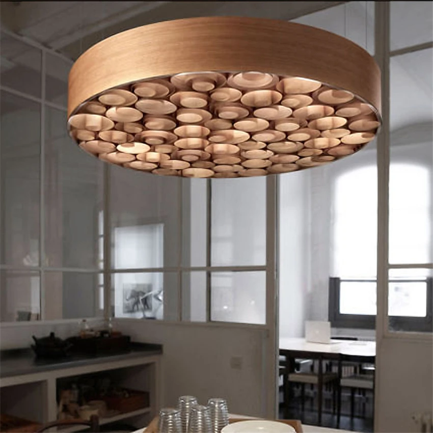 Modern Handmade Wood Leather Round Pendant Lights Bedroom Living Room Personalized Restaurant Table Hanging Lights LED Fixtures