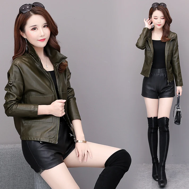 Spring jacket ladies Pu leather jacket short autumn zipper jacket locomotive leather small suit faux leather slim black dark gre