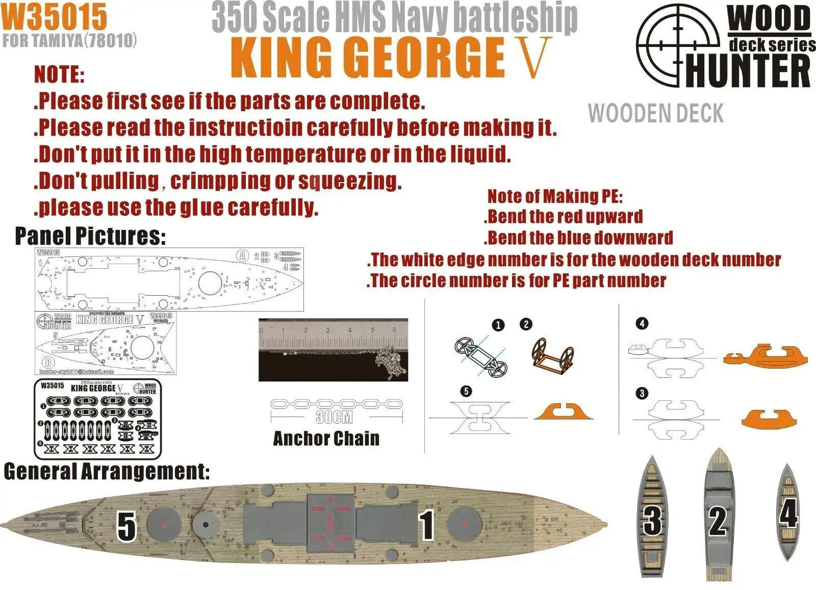 

Hunter 1/350 W35015 Wood deck HMS King George V for Tamiya Top quality