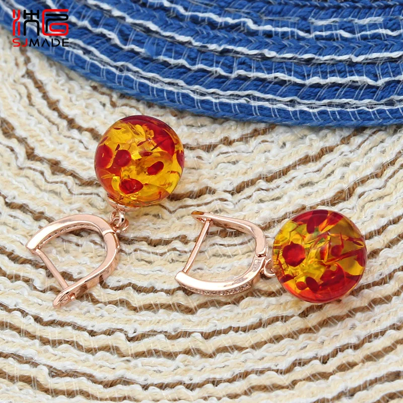 SHENJIANG New Vintage Fashion Round Flower Ambers Dangle Earrings 585 Rose Gold Color Eardrop For Women Wedding Jewelry