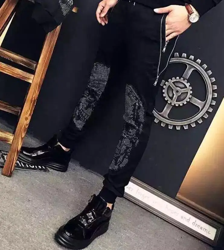 Mens Joggers Casual Pants Fitness Men Sportswear Rhinestones Skinny Sweatpants Trousers Black Jogger Track Pants