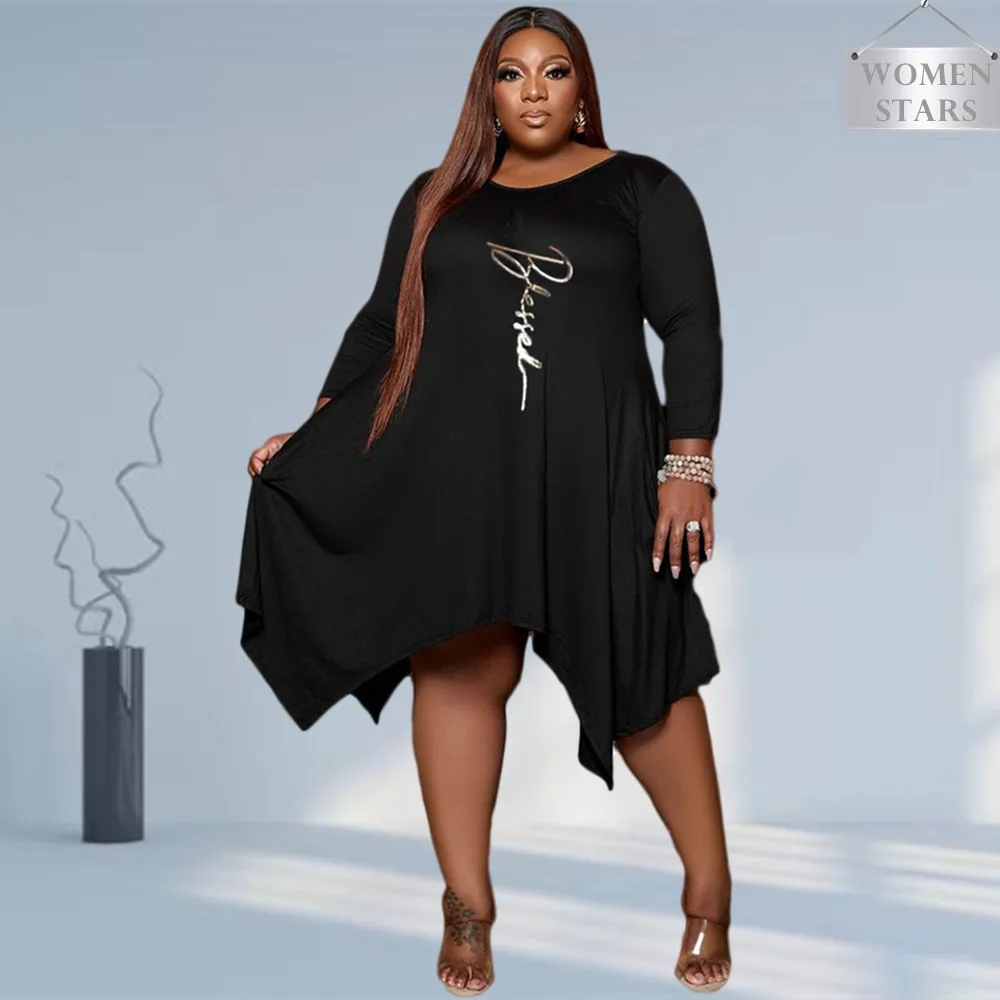 

Plus Size Fall Clothes for Women Dress Stretch Loose Letter Print Elegant Casual New Style Midi Dresses Wholesale Dropshipping