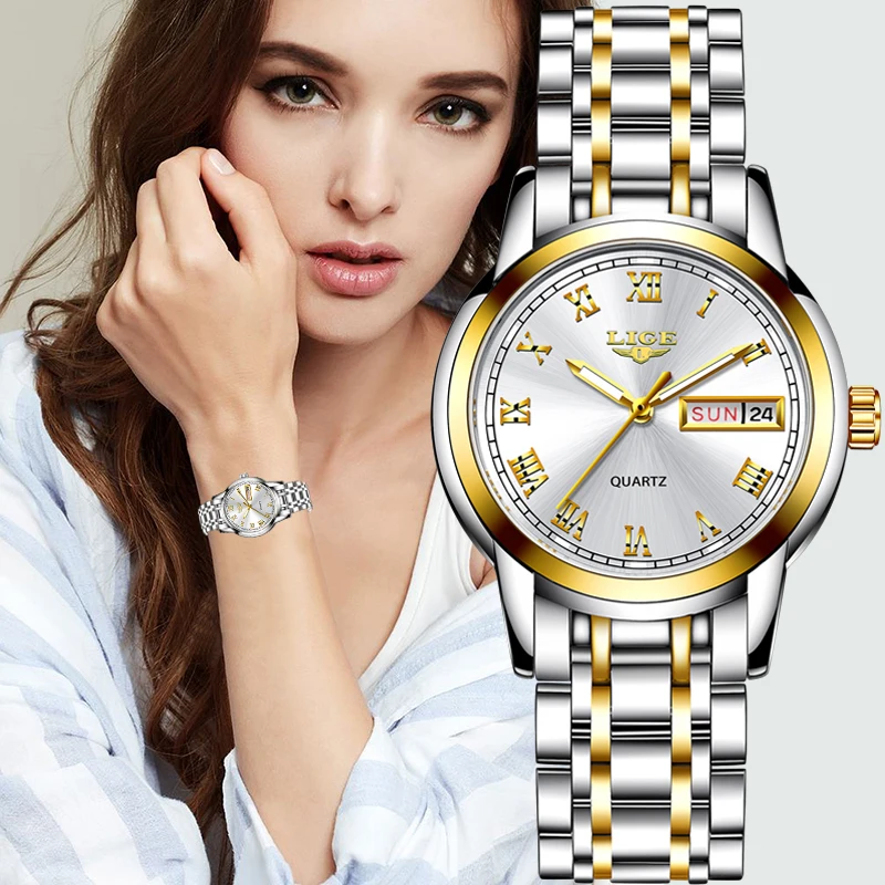 LIGE-Reloj de acero inoxidable para mujeres, nuevo accesorio de oro, creativo, impermeable, femenino, 2020