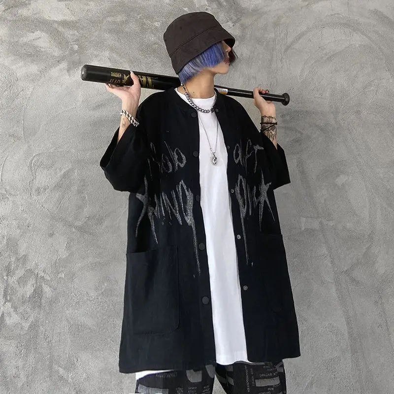 

Summer dark trend printing shirt loose high street American baseball short-sleeved cardigan jacket for men women streetwear top