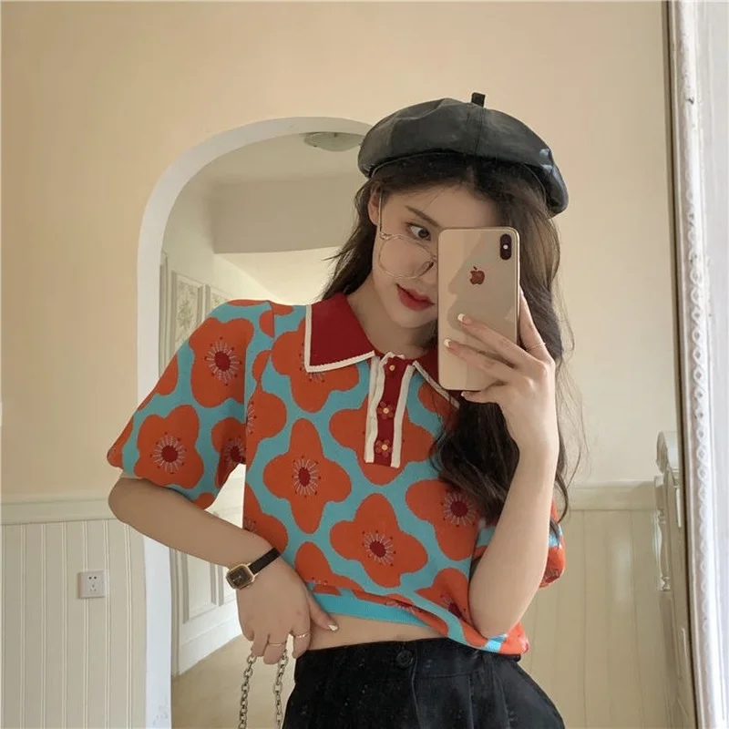 T-shirts Women Summer Vintage Panelled Floral Lovely Knitted Ladies Fashion Puff Sleeve Baggy Crop Tops Cute Flower Buttons Cozy