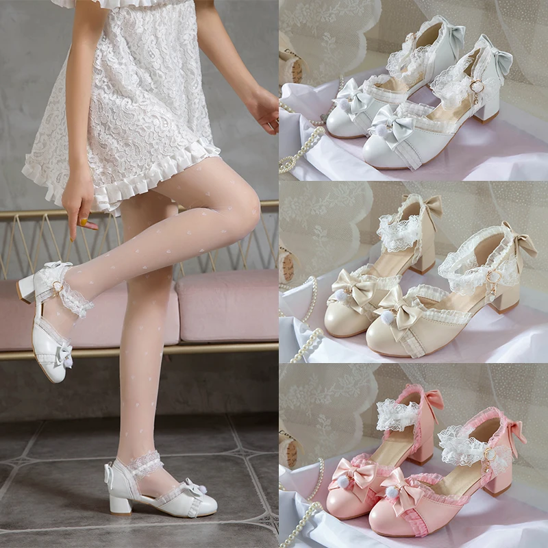 Sweet Bowtie Lace Edge Women Lolita Sandals Square Block Heels White Pink Casual Party PU Leather Round Toe Ankle Strap Ladies