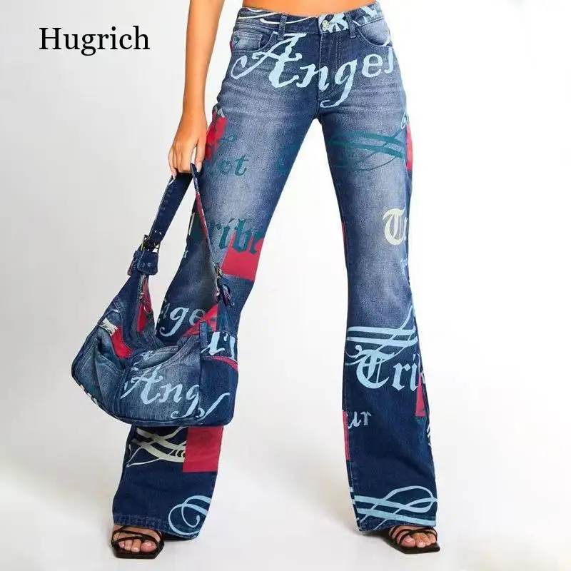 

Fashion Letter Pattern Jeans Women Blue Vintage Streetwear Denim Trousers Wide Leg Pants Lady Casual Denim Flared Pants 2021