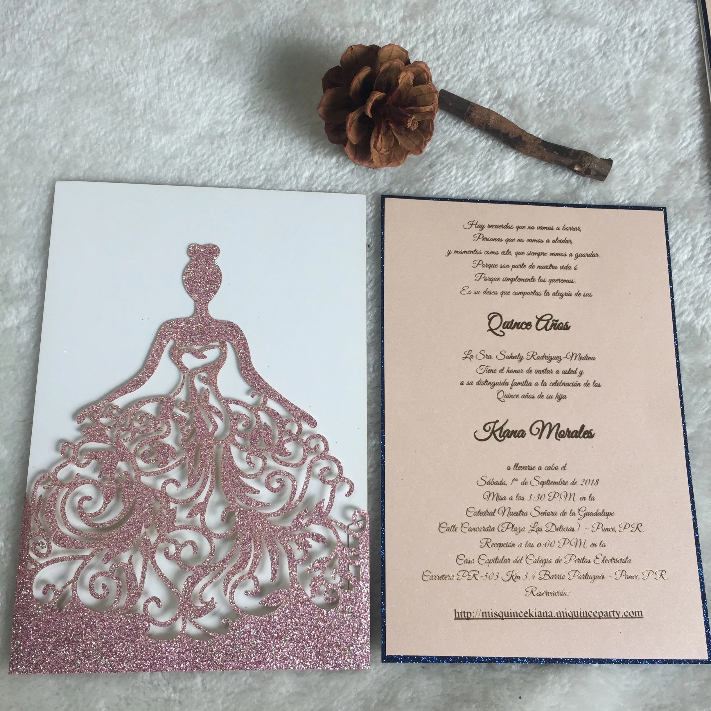 

25pc Laser Cut Glitter Rose Gold Birthday Invitation Card, Glitter Navy Blue and Incarnadine Insert With Rose Gold Stamp Text