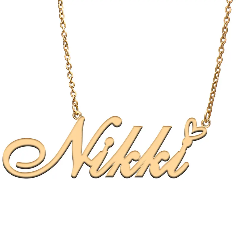 Nikki Name with Love Heart Necklace for Women Stainless Steel Jewelry Nameplate Pendant Femme Mother Child Girls Gift