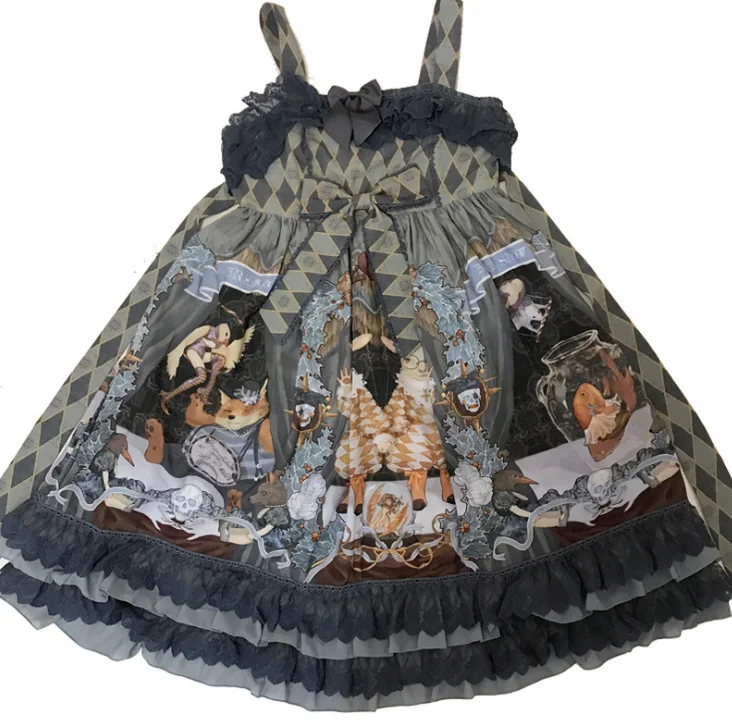 Lolita Jurk Leuke Printing Vintage Paleis Kant Zomer Chiffon Hoge Taille Victoriaanse Jurk Kawaii Meisje Gothic Lolita Loli Cos