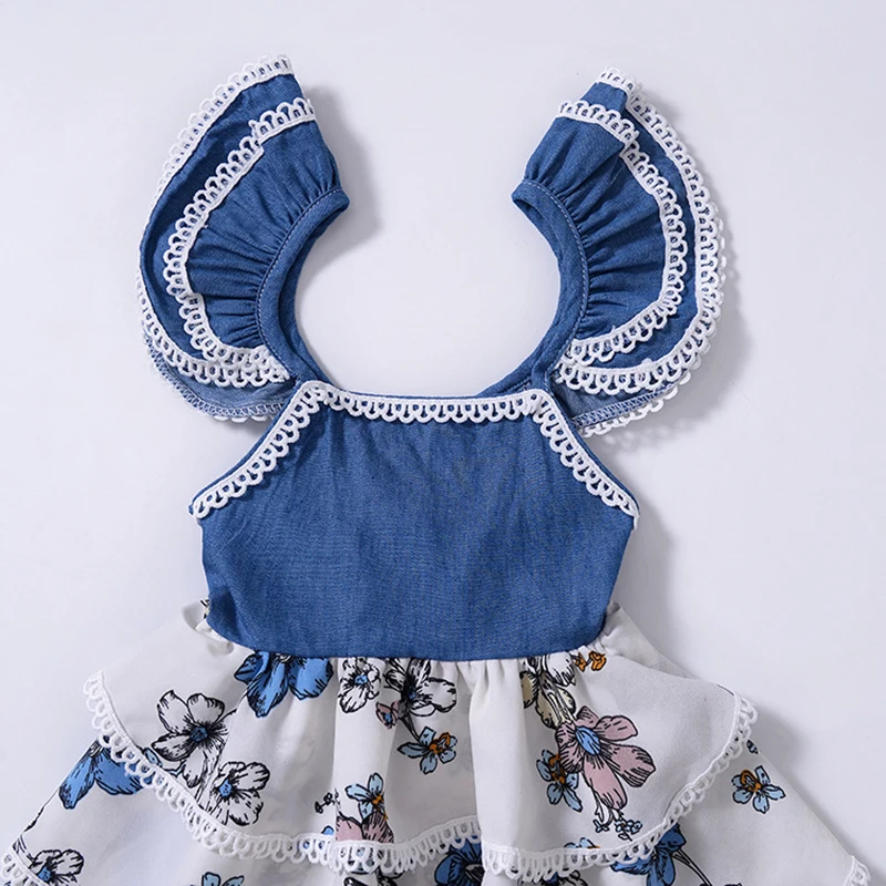 Summer Toddler Girls Clothes Blue Floral Printed Dresses for Girls Princess Birthday Party Dress Fly Sleeve Lace Cake Tutu Dress