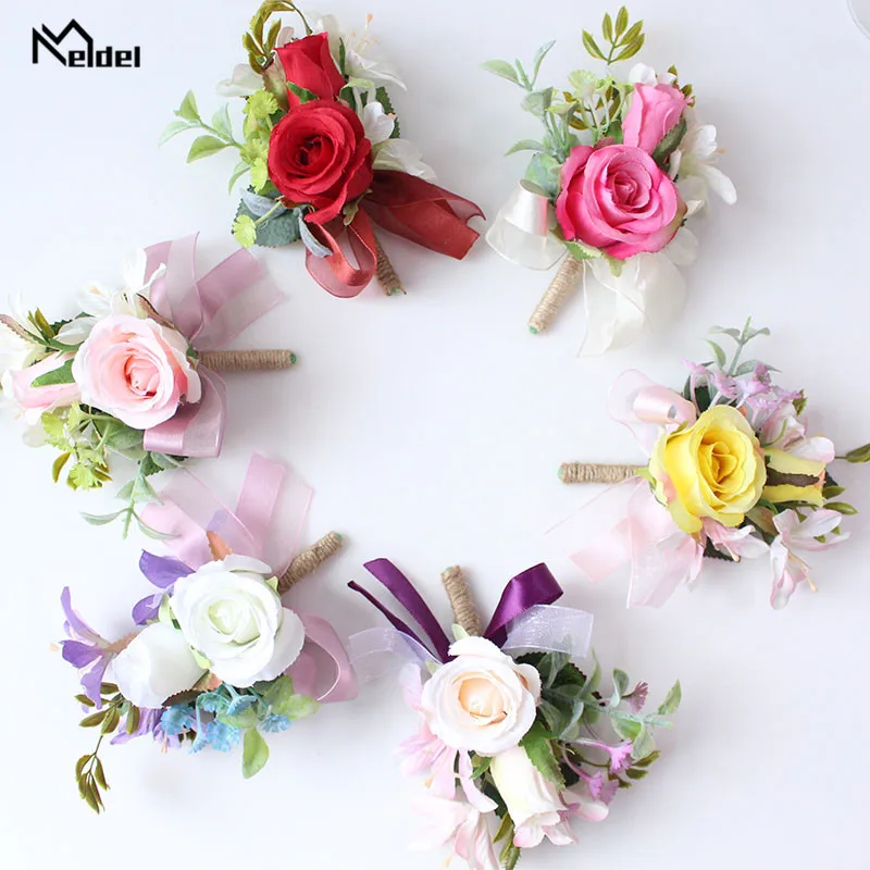 Meldel Silk Flowers Corsage Bracelet Bridesmaids Artificial Flowers Wedding Groom Boutonnieres Wedding Marriage Corsage Brooches