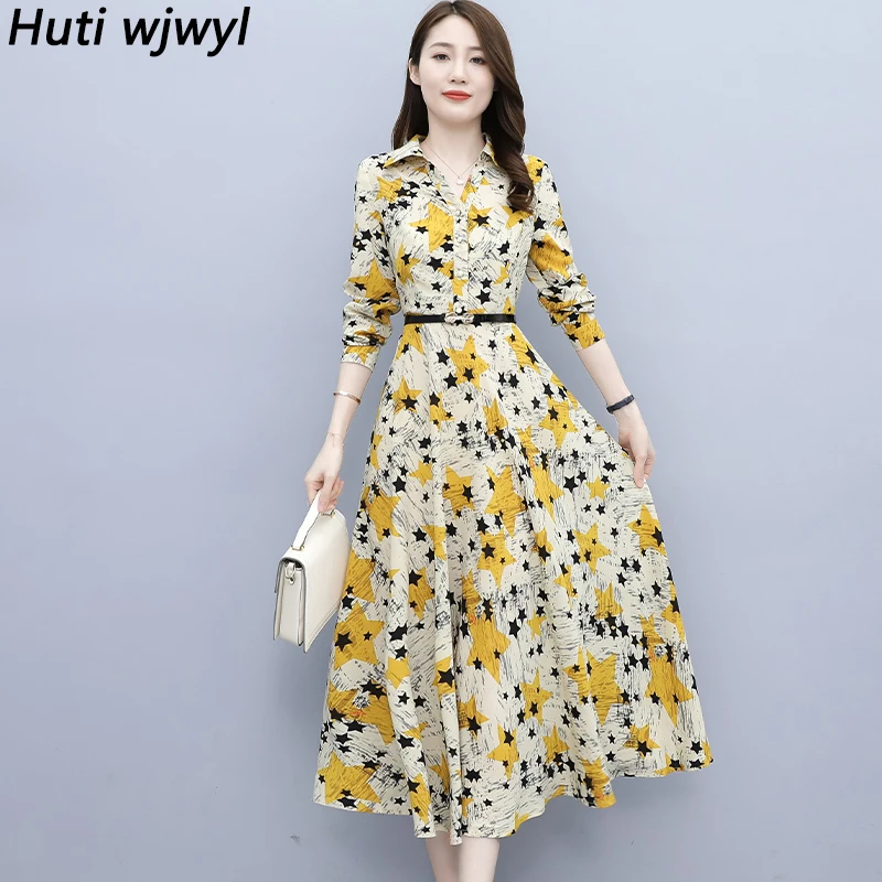 

2022 Vintage Office Lady Elegant Shirt Dress Autumn Winter Women Bodycon Party Vestidos Floral Chiffon Casual Beach Maxi Dresses