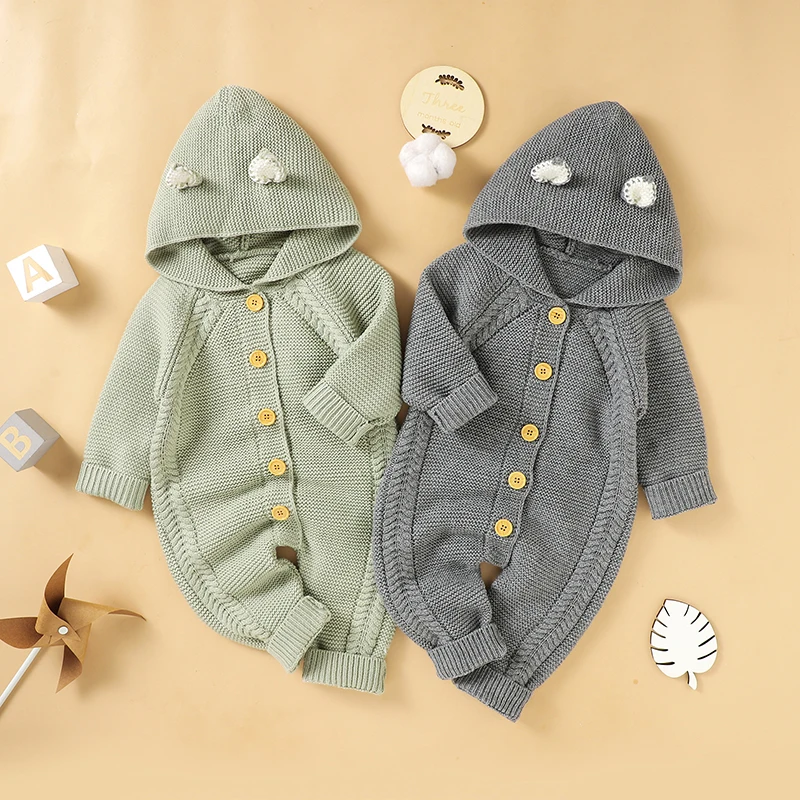 Infant Baby Rompers Long Sleeve Autumn Newborn Bebe Jumpsuit Outfits Knitted Toddler Girls Boys Clothing Fashion Hooded Playsuit