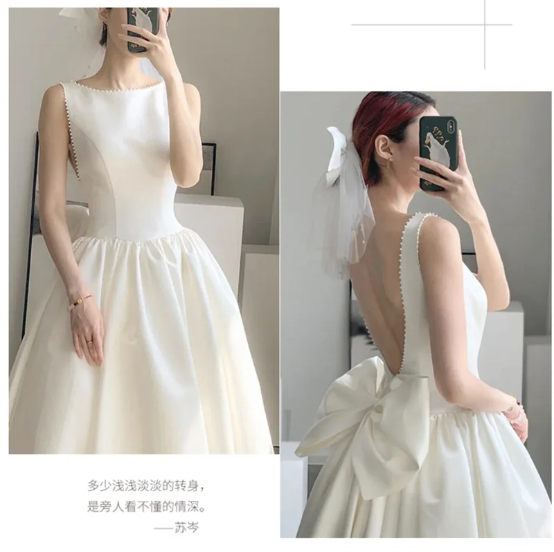 Muỗng Phong Cách Pháp Trà Chiều Dài Váy Cưới Sang Trọng Satin Chữ A Bowtie Hở Lưng Cô Dâu Đồ Bầu Vestidos De Mairee Cưới