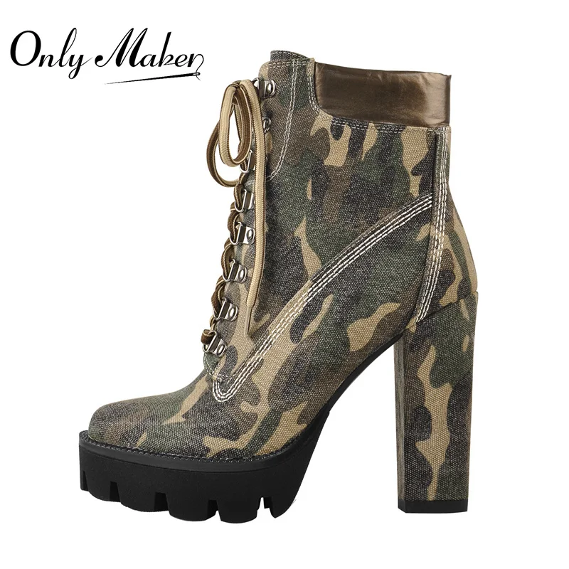 Onlymaker Women\'s Chunky High Heel Ankle Boots Canvas Lace-Up Platform Camouflage Short Plush Fashion Big Size Winter Booties