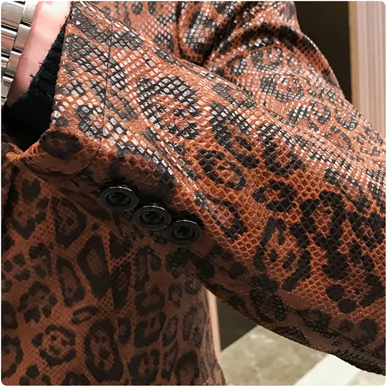 Jacket Leather Stage Costumes For Singers Loose Coat Blaser Homens Terno Masculino Autumn Leopard Print Mens Blazer Skin Suit