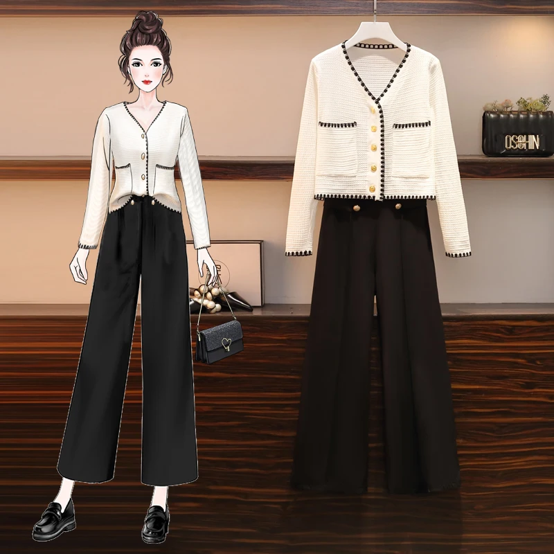 Autumn Oversized Women Cardigan Sweater Tracksuits Buttons Knitted Jumper Suits+Wide leg pants 2/Two Pieces spring Sets big 4XL