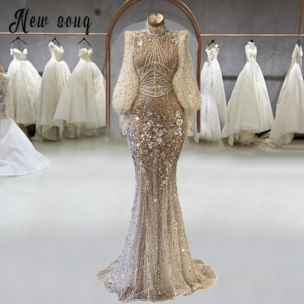 

Light Champagne High Neck Sequins Mermaid Evening Dresses Long Sleeves Mermaid Dubai 2024 Wedding Party Gown Robe De Soiree