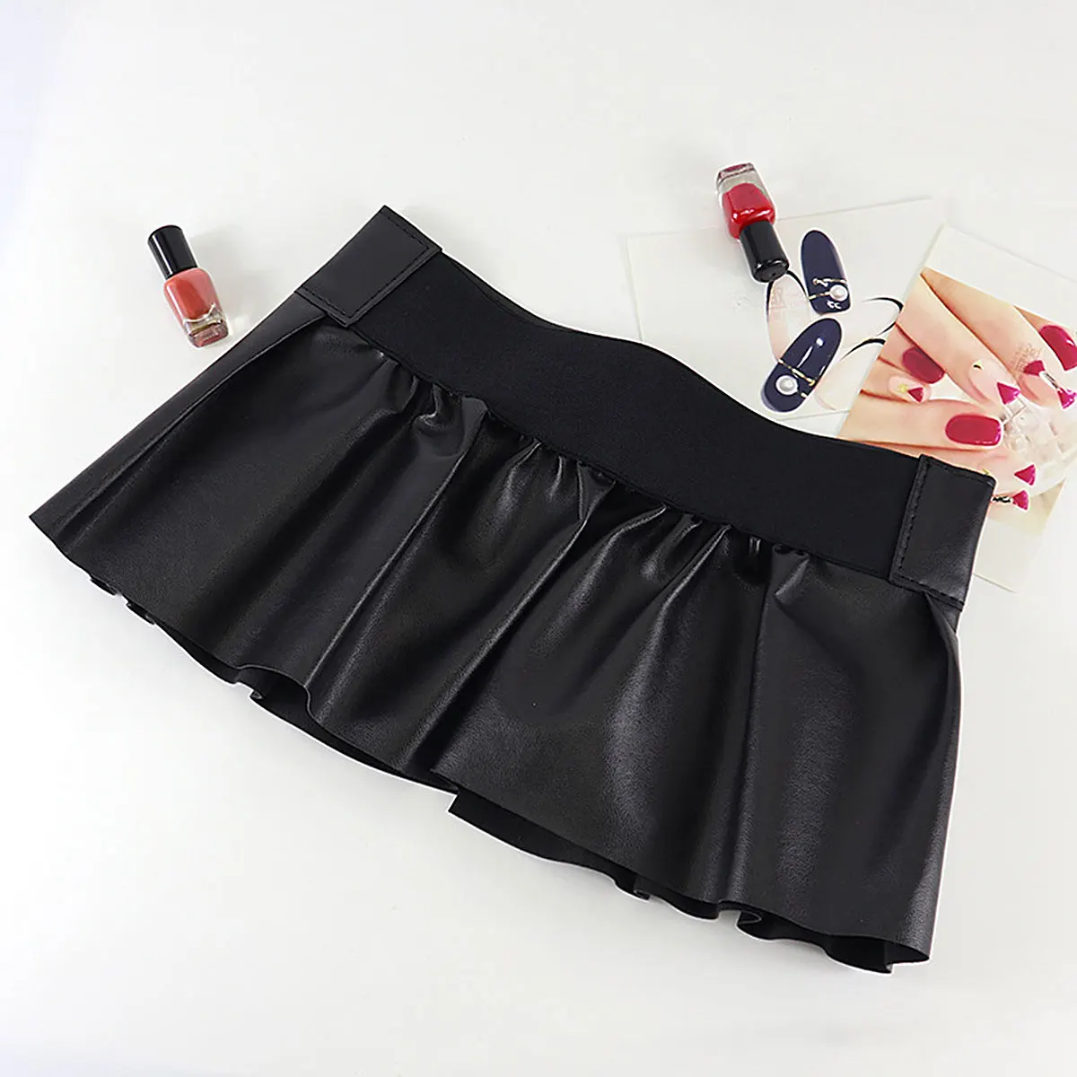 Womens Sexy Mini Skirts Ladies Femem Faux Leather Pleated Side Split Embellished Studded Skirt for Evening Parties Clubwear