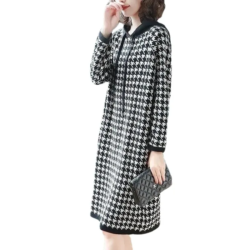 6XL Women\'s Dress 2024 Autumn Summer New Fashion Houndstooth Hooded Sweater Hoodie Dresses Winter Long-Sleeved Base Dress Female