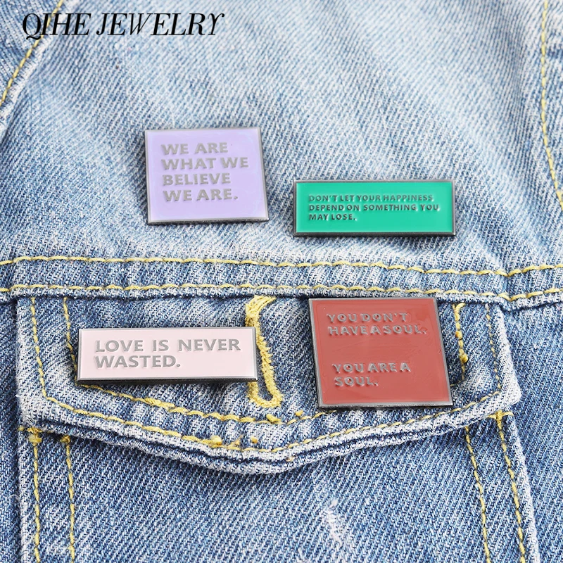 Quote Enamel Pin Positive Inspiration Brooches Square Pink Purple Happiness Soul Love Believe Badges Gift for Friends