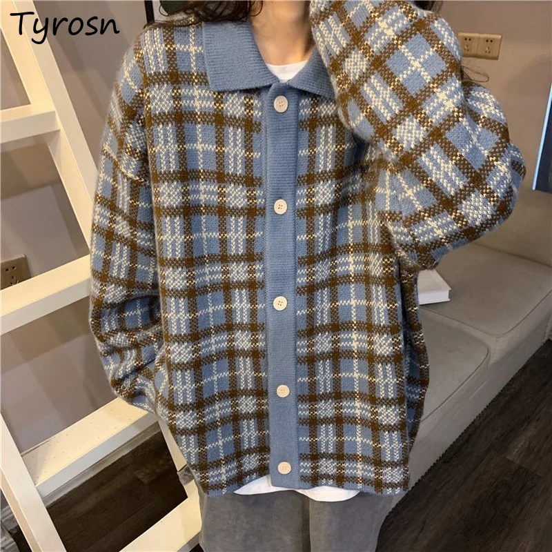 

Turn Down Collar Plaid Cardigan Women Spring Autumn Outwear All Match Streetwear Korean Style Cozy Ulzzang Vintage Teenagers New