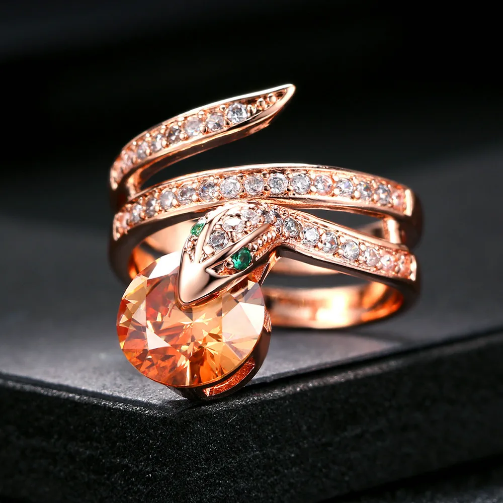 Snake Rings for Women Rose Gold Color Orange Crystals Cocktail Ring for Female Party Evening Accessories Fashion Jewelry R149